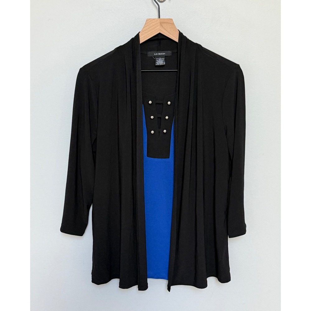 Liz McCoy Women's Cardigan Top Layered Studded Lattice Black Royal Blue Size L